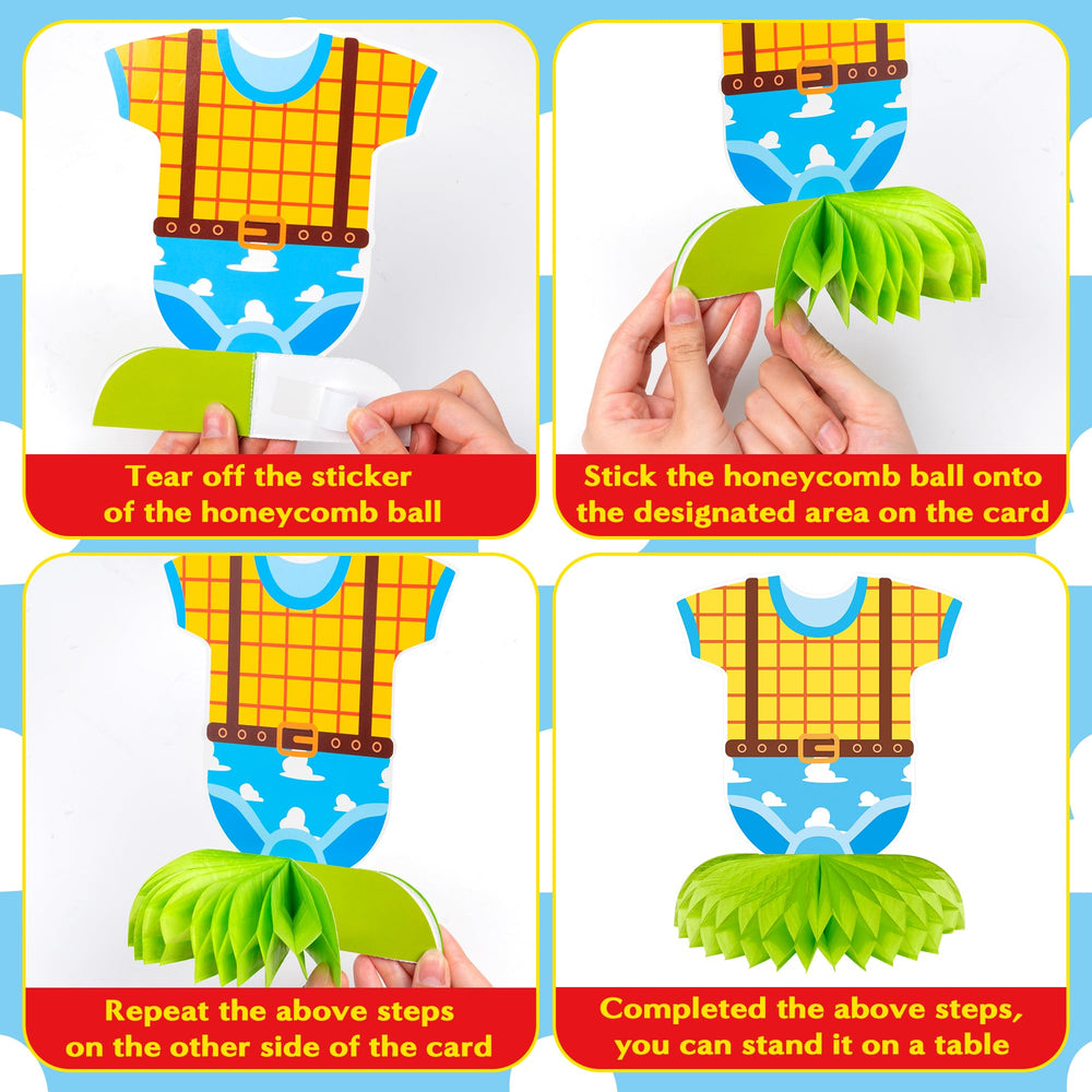 Andi Cppss Boy Story honeycomb centerpiece design 3 on table, adds color to baby shower decor