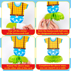 Andi Cppss Boy Story honeycomb centerpiece design 3 on table, adds color to baby shower decor