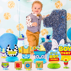 Andi Cppss Boy Story honeycomb centerpiece design 4 on table, bright yellow and blue accents