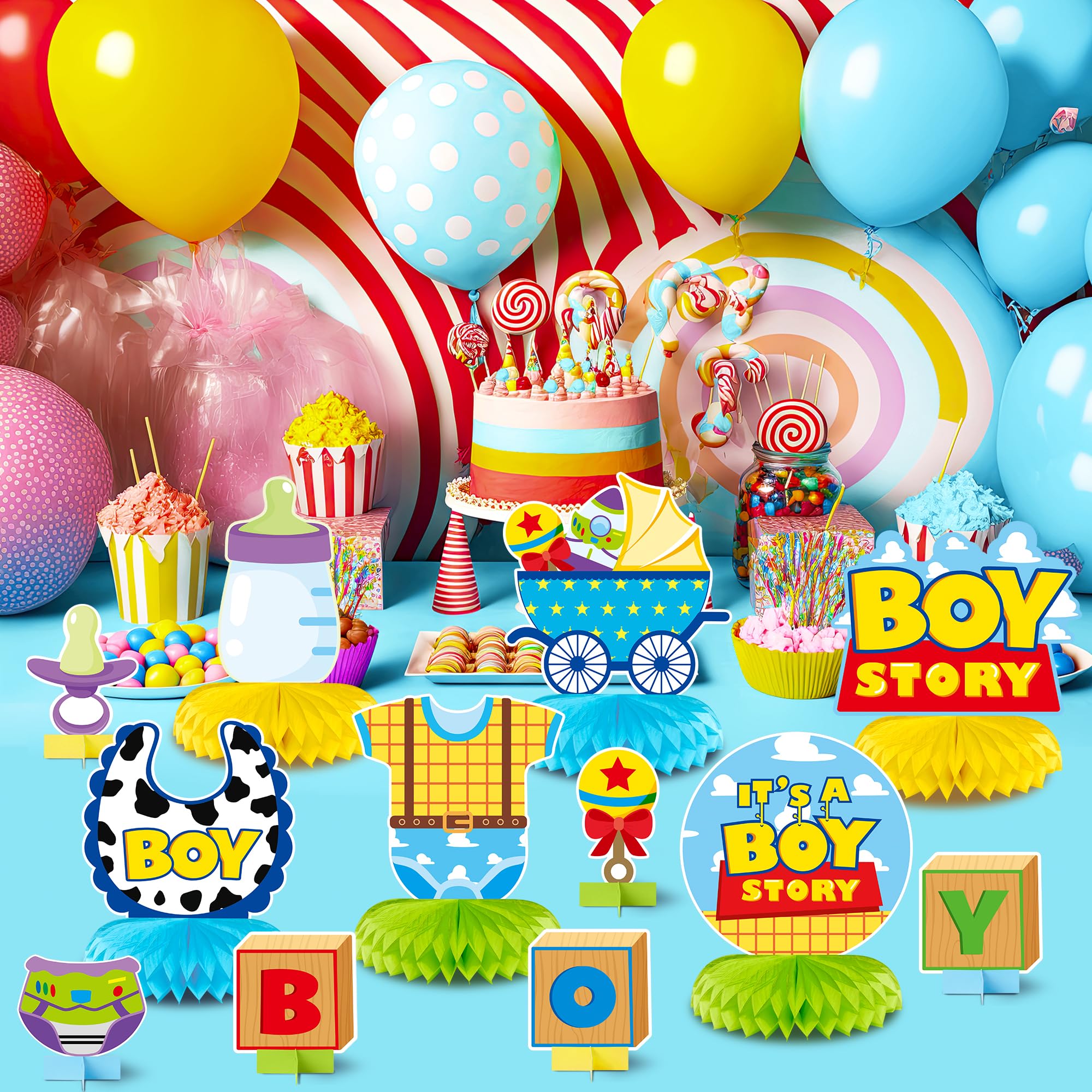 Andi Cppss Boy Story honeycomb centerpiece design 5 on table, sturdy and colorfast