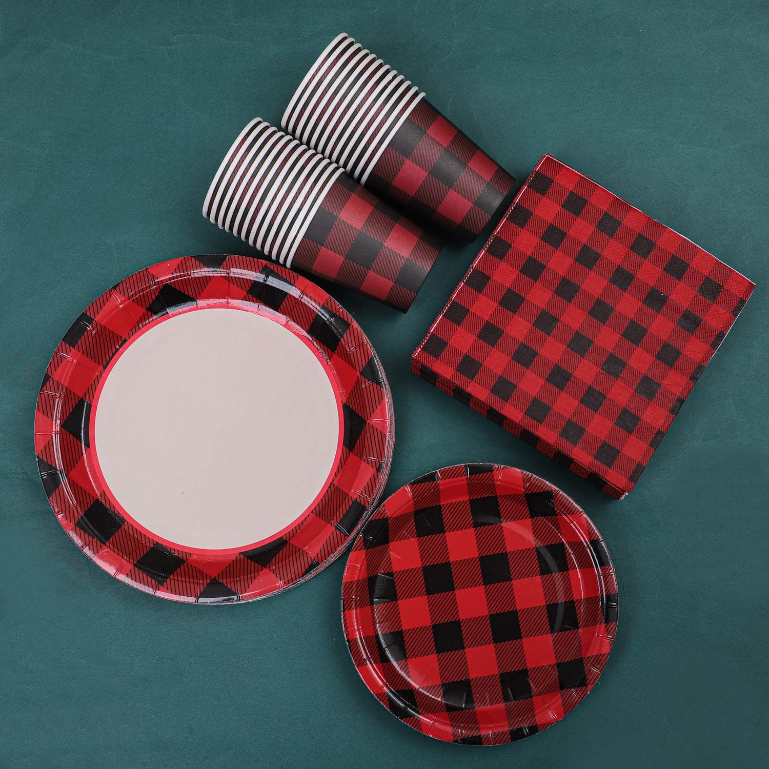 Aneco buffalo plaid packaging box, complete 122-piece set for 24 guests.