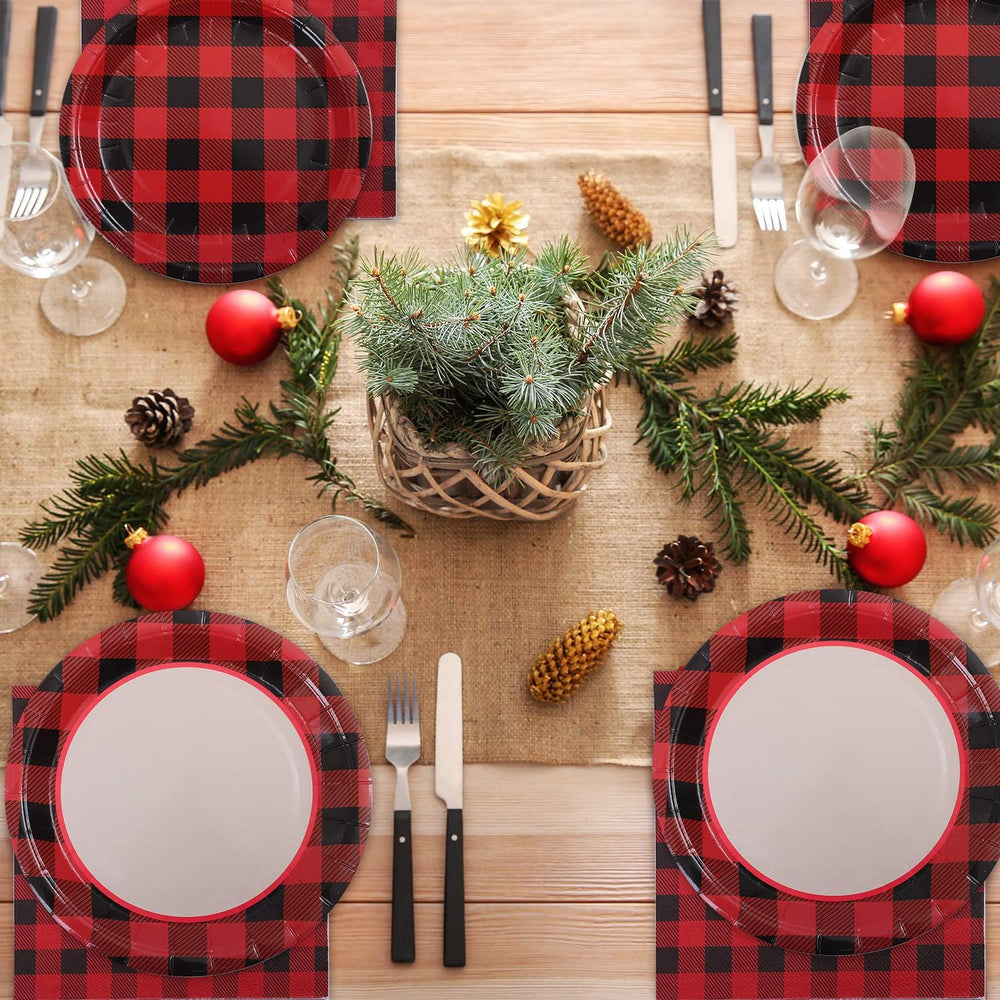 Aneco buffalo plaid set complete, ready to host a festive event.