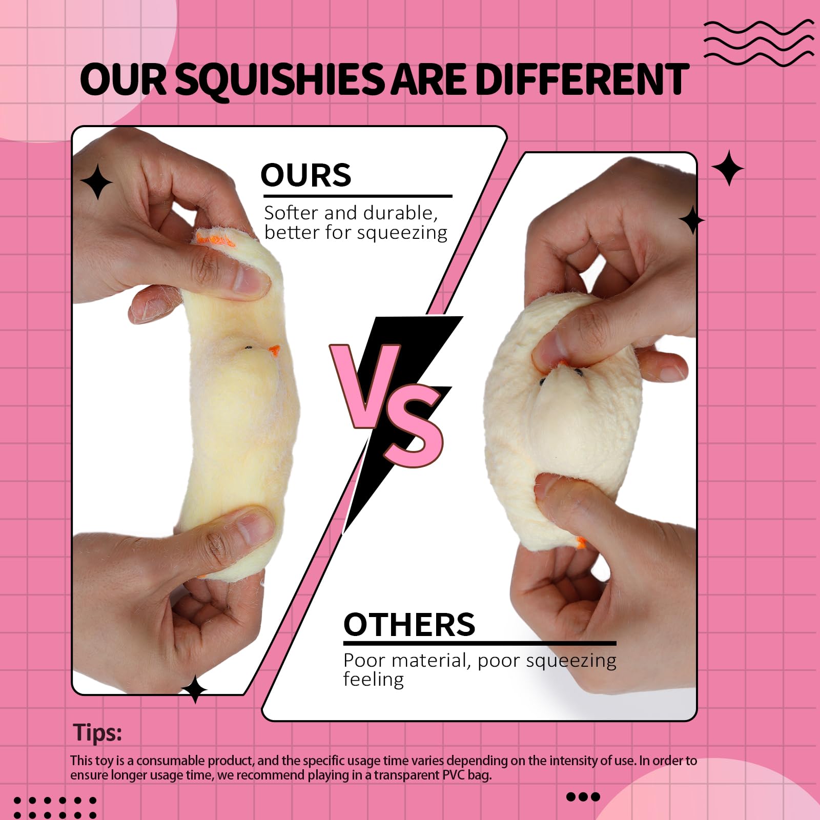 Angerbaby Taba Squishy Chick close-up highlights flexible TPR material