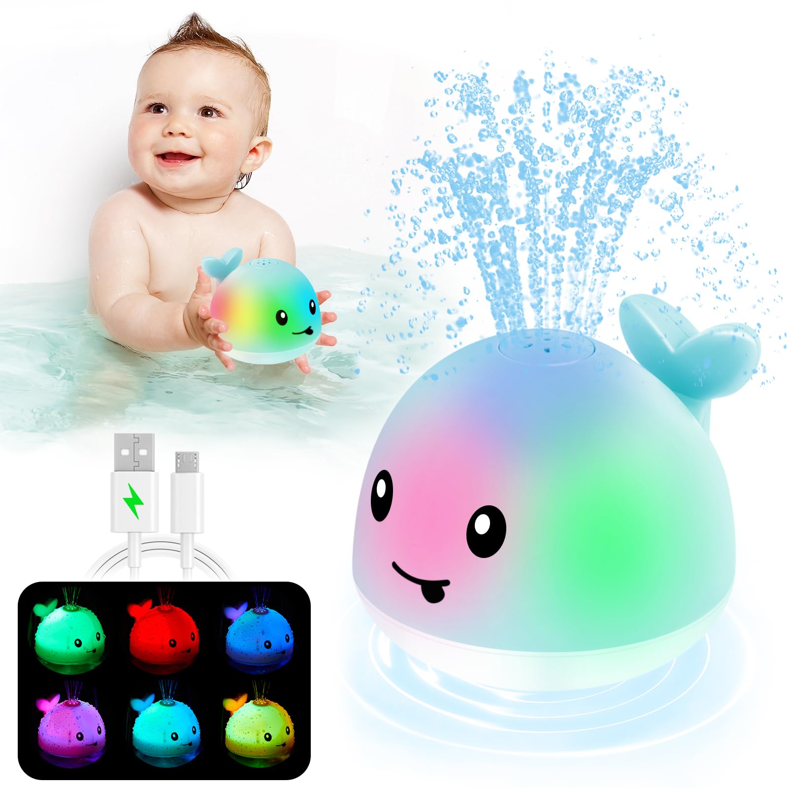 ANGGIKO light-up whale bath toy captivates babies with colorful lights during bath time.