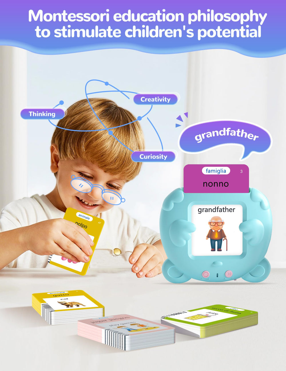 ANhovno flash cards with Italian-English switch supports easy bilingual practice.