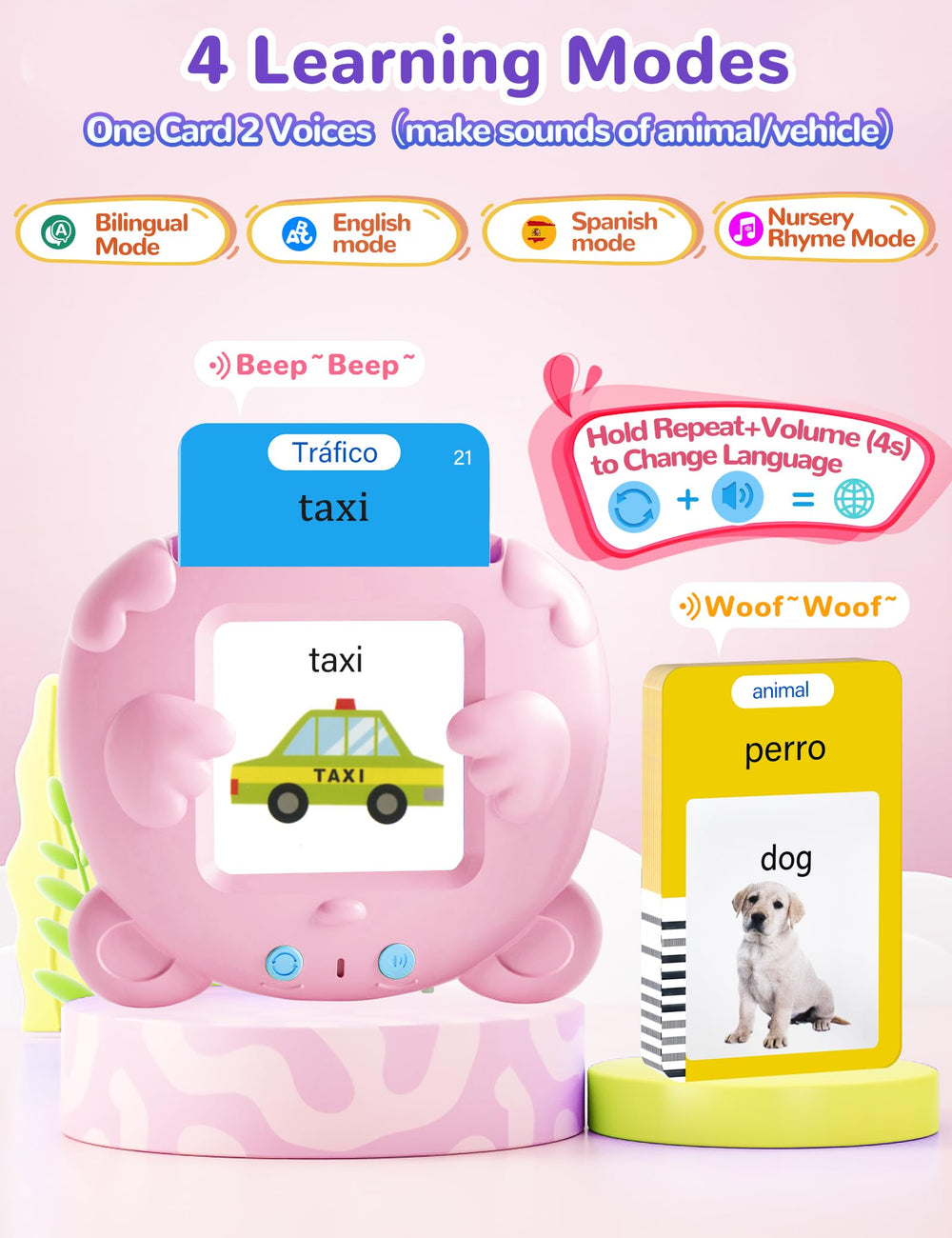 ANhovno pink flashcards showing everyday objects for quick vocabulary practice