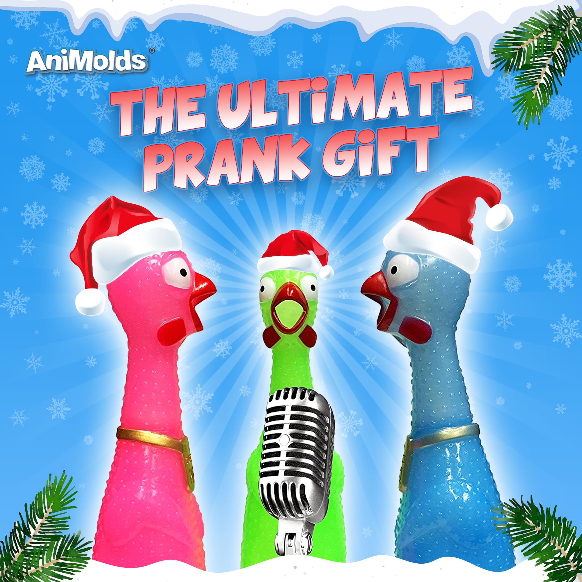 Animolds chicken toy offers battery-free squeak action for all ages.