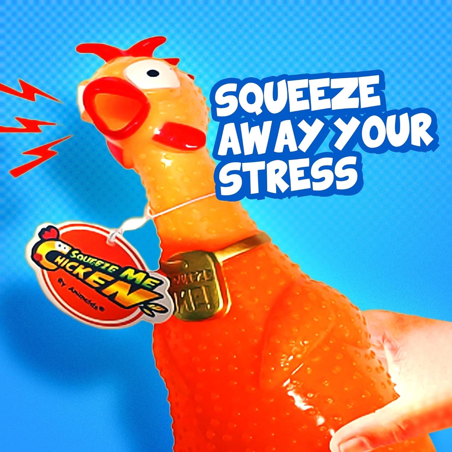Animolds rubber chicken toy tucked in a stocking for a quirky holiday surprise.