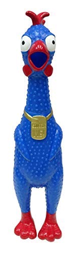 Animolds Squeeze Me rubber chicken used by kids and dogs for goofy fun.