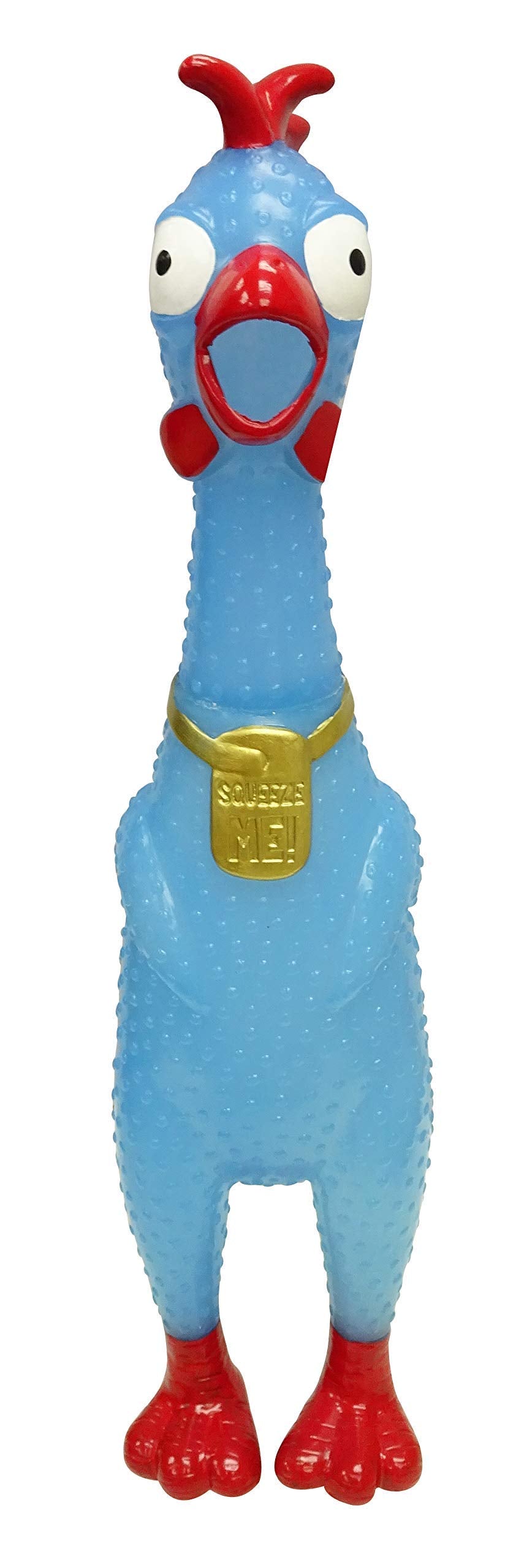 Animolds Squeeze Me rubber chicken toy, front view, durable fun for kids and dogs.