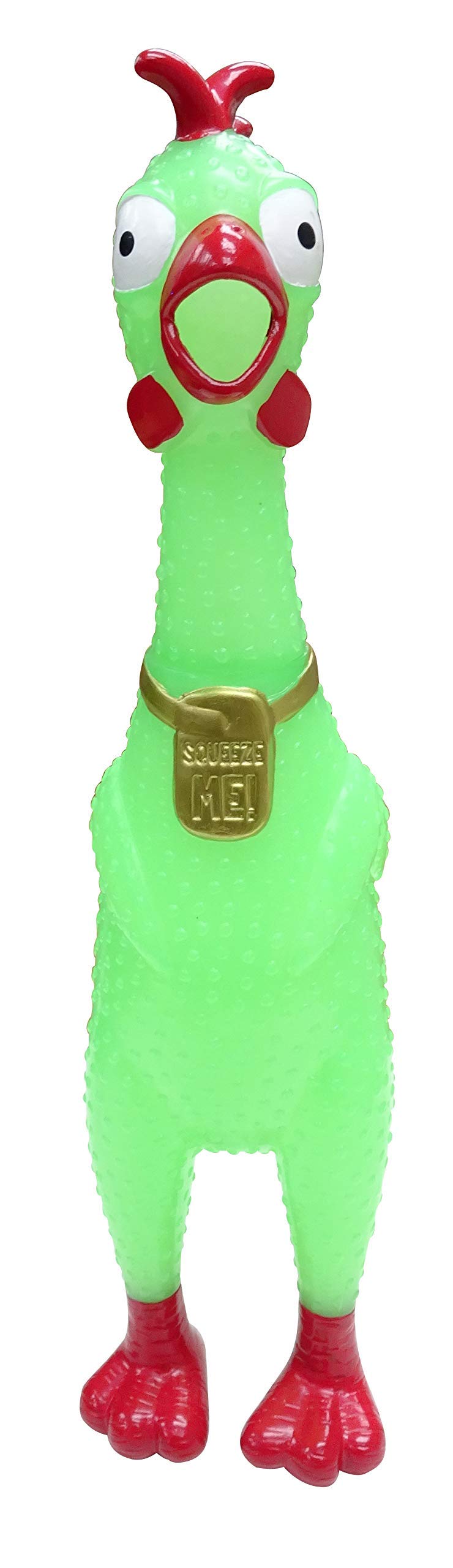 Animolds Squeeze Me rubber chicken with glow-in-the-dark finish for night play.