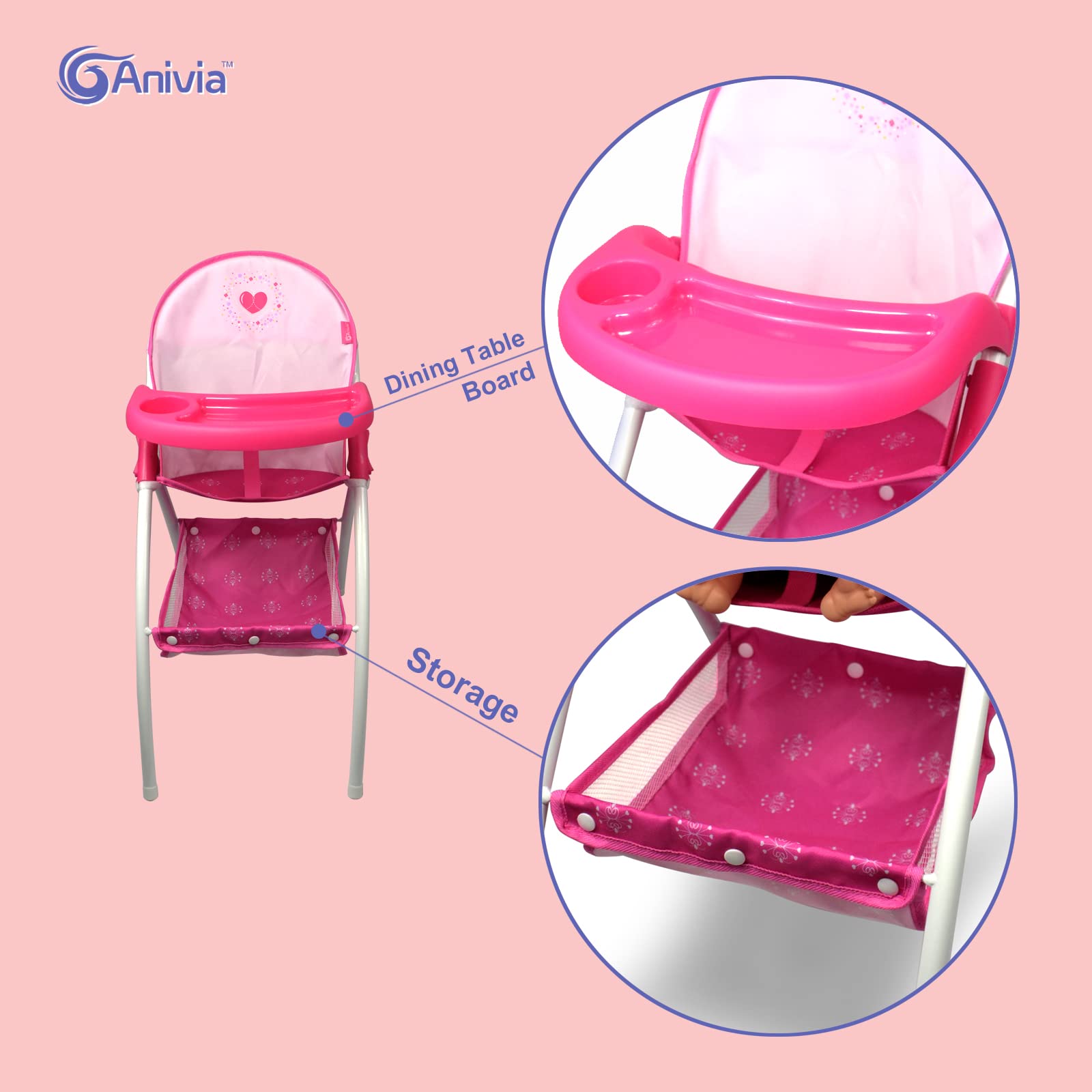 ANIVIA Baby Doll High Chair pink 16in-fit view for most dolls.