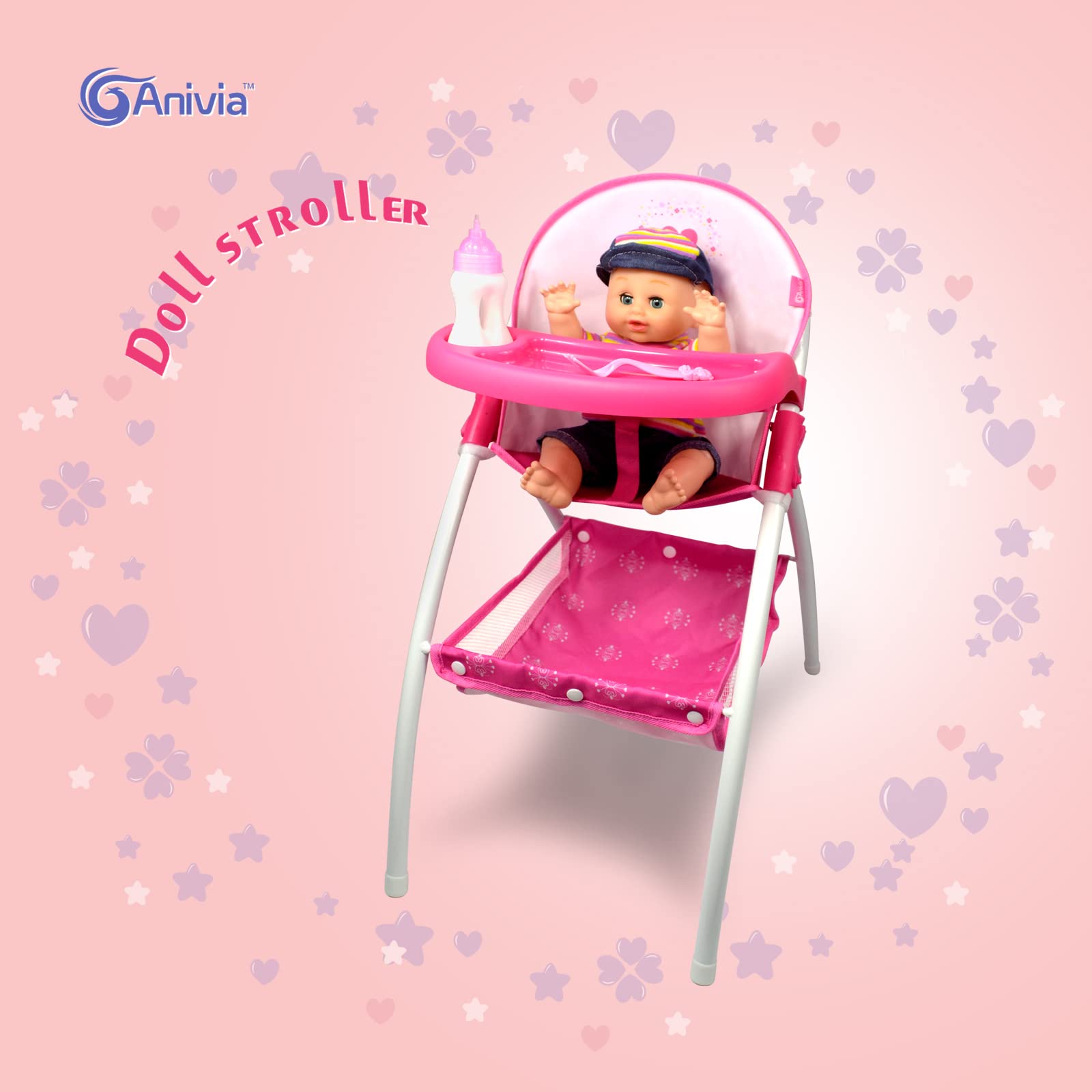 ANIVIA Baby Doll High Chair pink feeding-time view supports easy pretend meals.