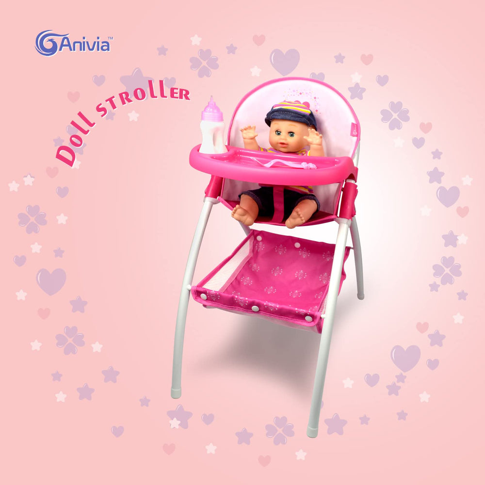 ANIVIA Baby Doll High Chair pink feeding-time view supports easy pretend meals.