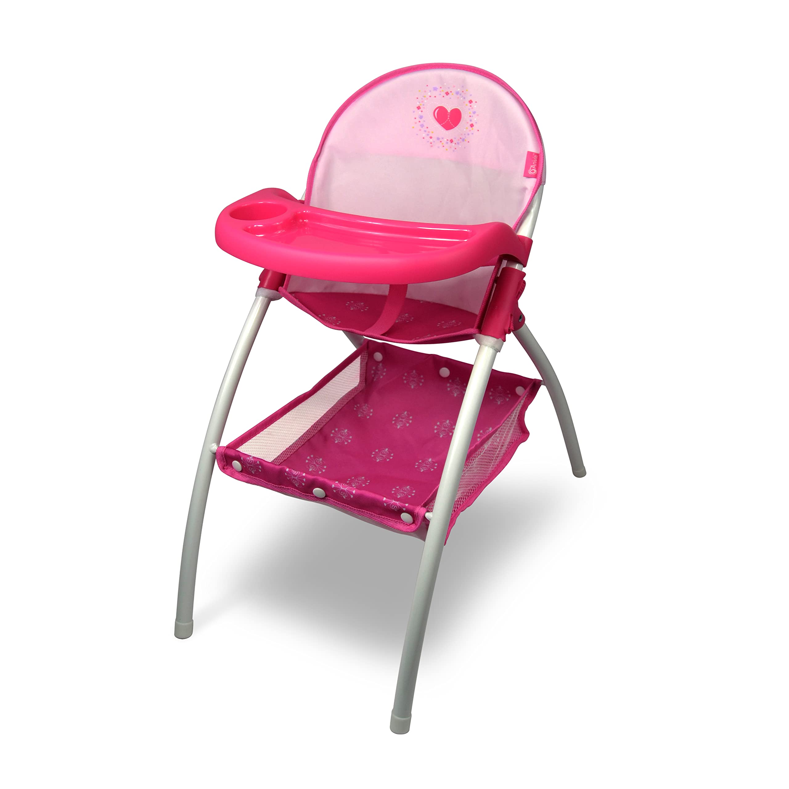 ANIVIA Baby Doll High Chair pink front view for durable pretend feeding play.