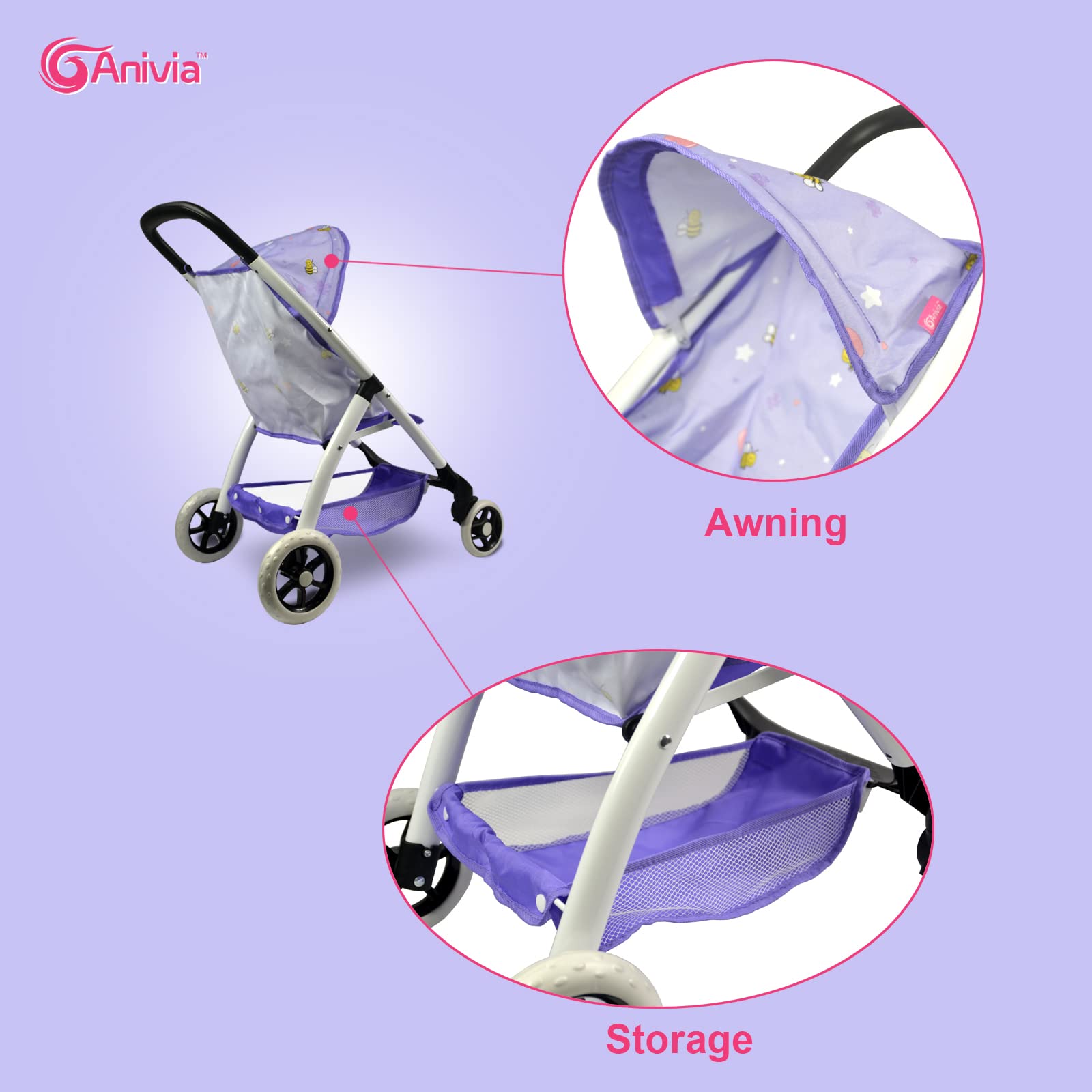 ANIVIA Baby Doll Stroller dimensions 23.8 x 15.15 x 24.6 inches for 18-inch dolls.