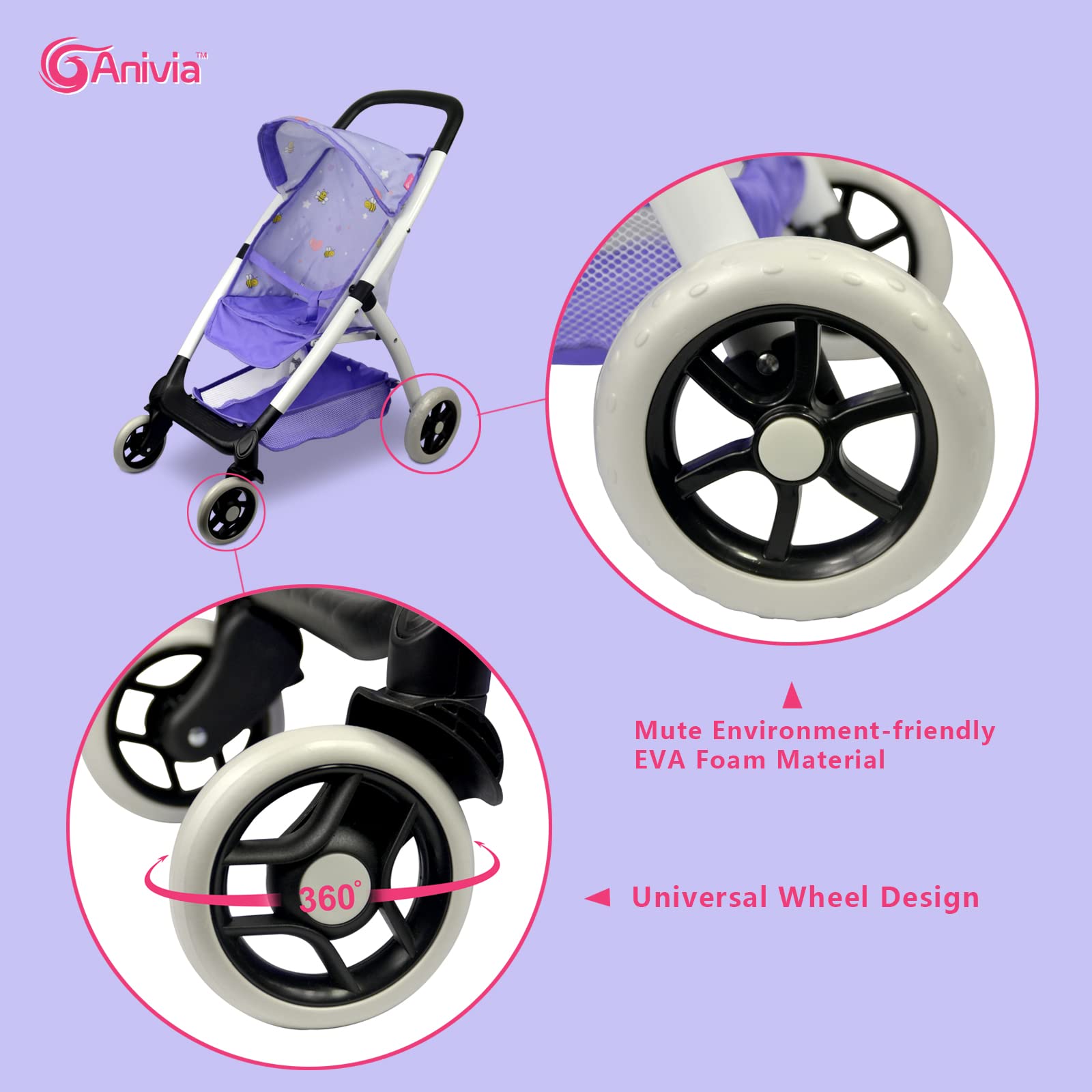 ANIVIA Baby Doll Stroller folded for compact storage after play.