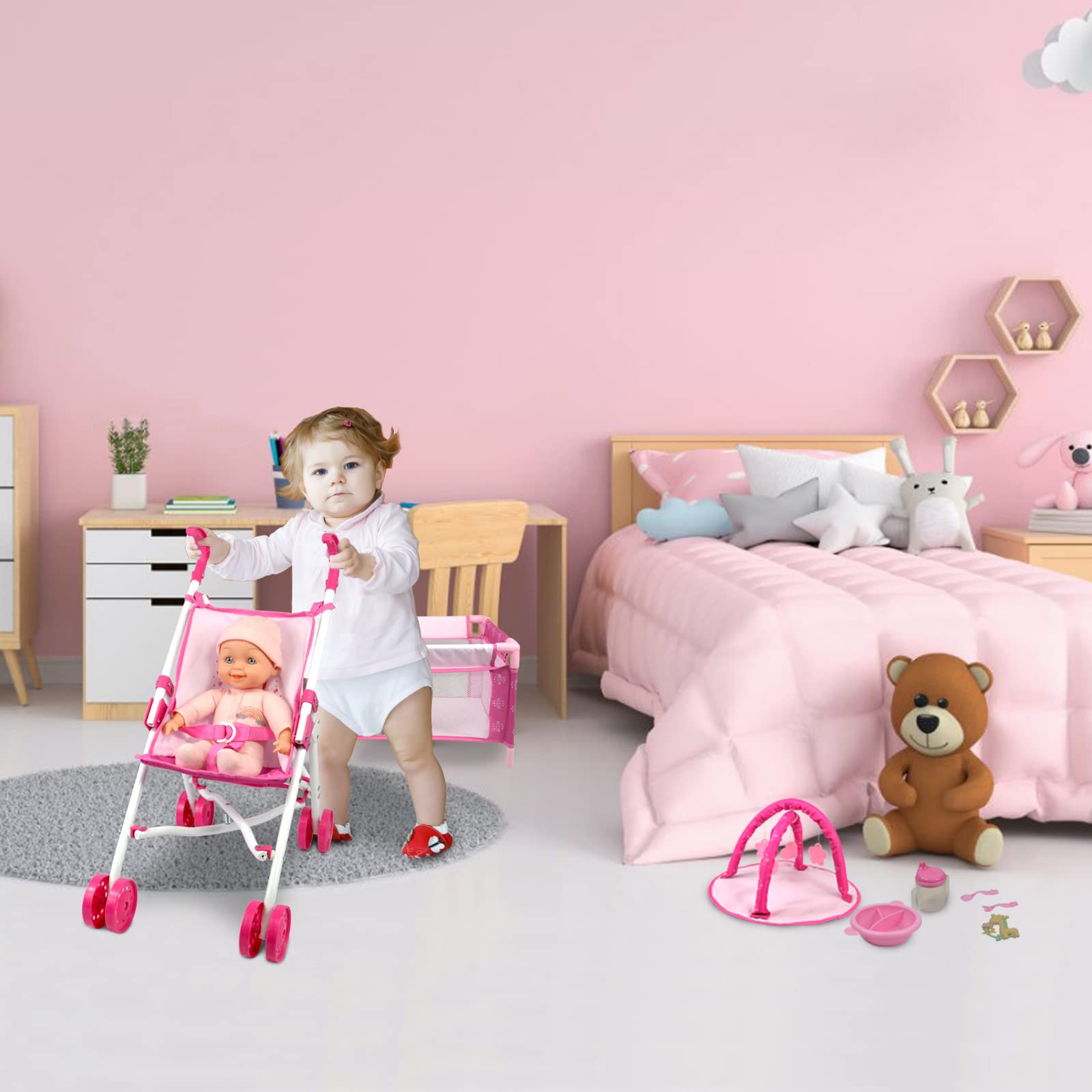 ANIVIA Baby Doll Stroller Set crib scene to encourage nurturing pretend play.