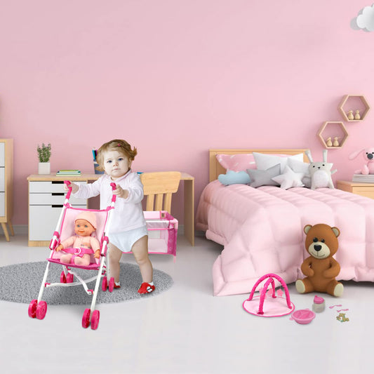 ANIVIA Baby Doll Stroller Set crib scene to encourage nurturing pretend play.