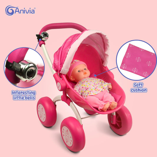 ANIVIA baby doll stroller side view showing compact design for playful transport.