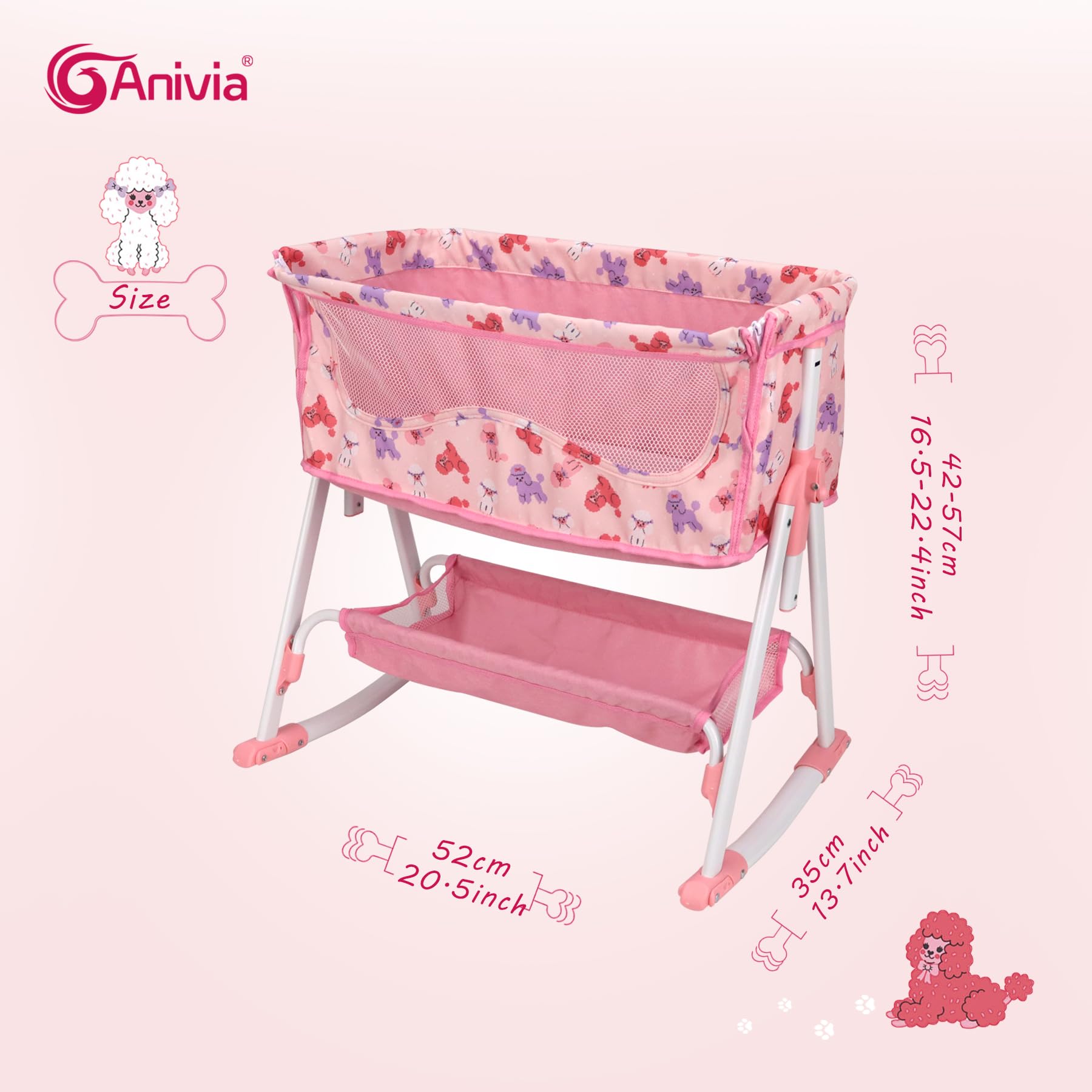 ANIVIA doll bed dimensions shown: 20.5 x 13.8 x 22.5 inches.