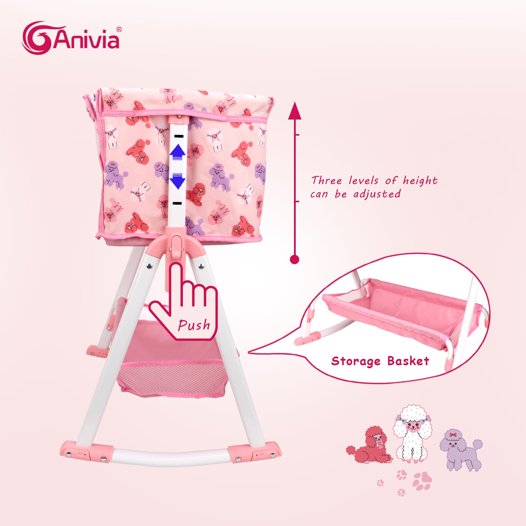 ANIVIA doll bed swing demonstrates dual-function play for 18-inch dolls.