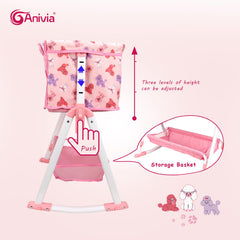 ANIVIA doll bed swing demonstrates dual-function play for 18-inch dolls.
