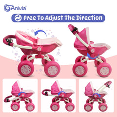 ANIVIA doll pram with storage basket for extra doll accessories.