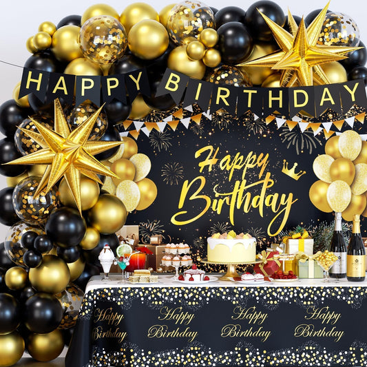 Anjerlfu black-gold birthday backdrop adds sophisticated charm to your celebration.