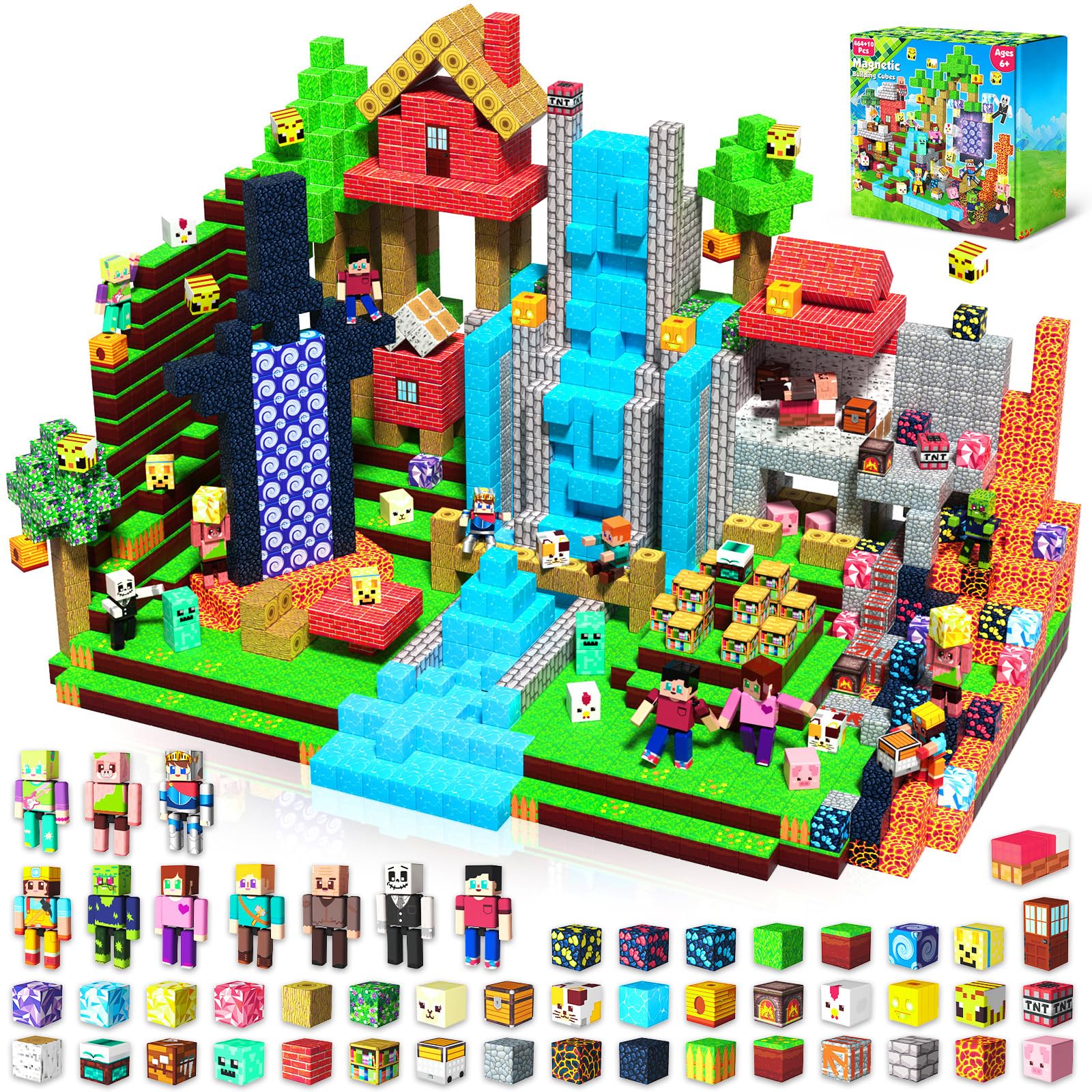 Annexfun 464PCS magnetic blocks with action figures on cover, promoting creative building play.