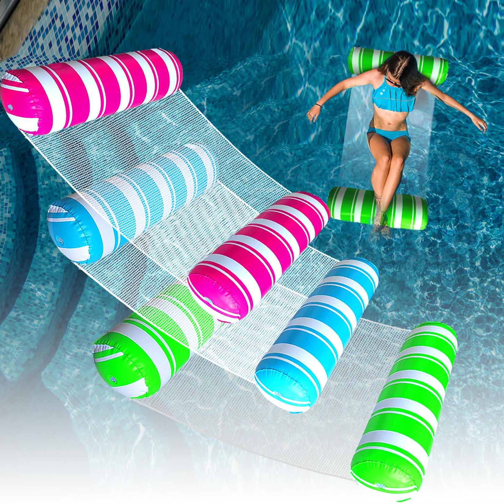 ANNIL 3-pack pool floats hammock blue-white for relaxing poolside lounging