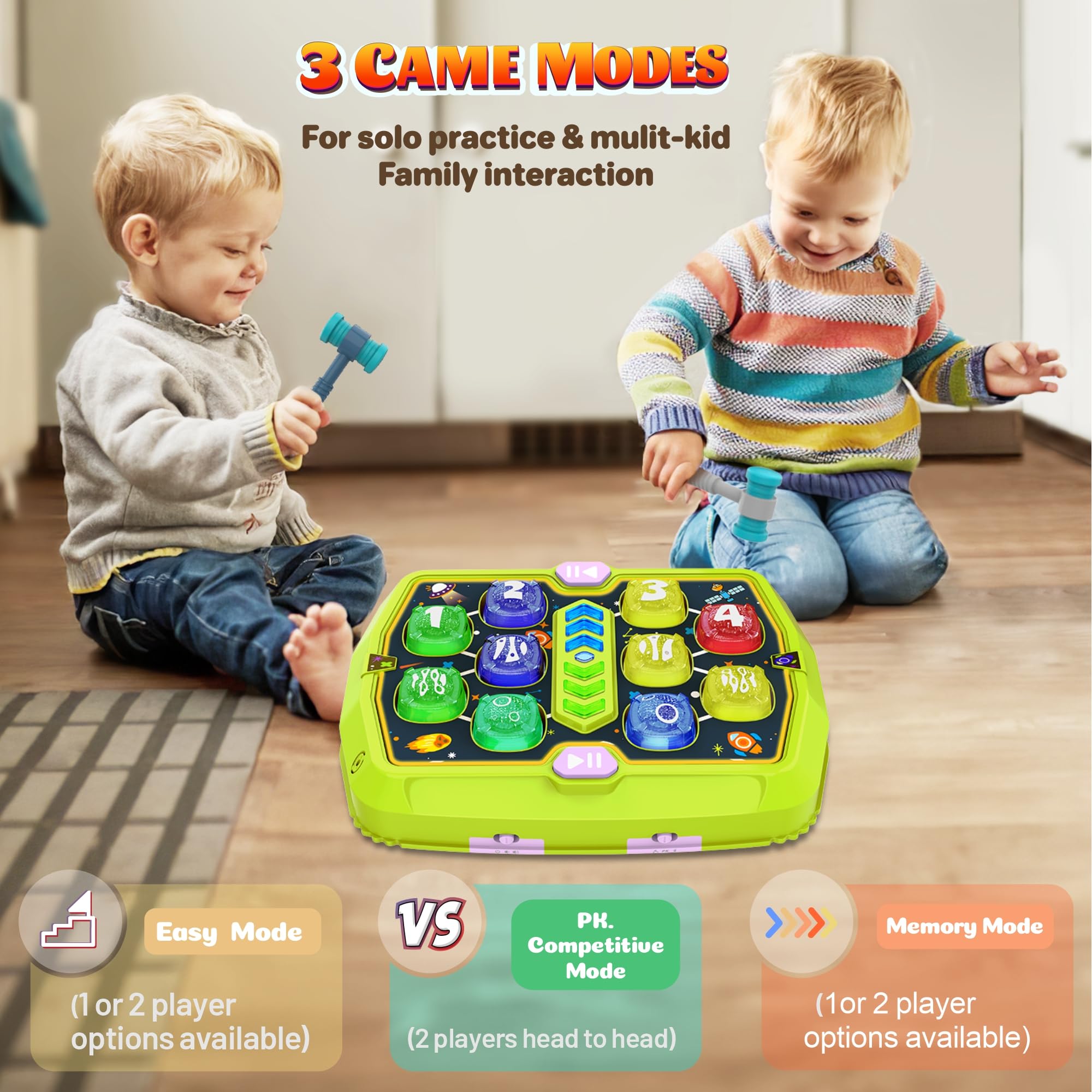 ANNKIE Whack Mole toy easy mode display highlights kid-friendly progression and guided play.