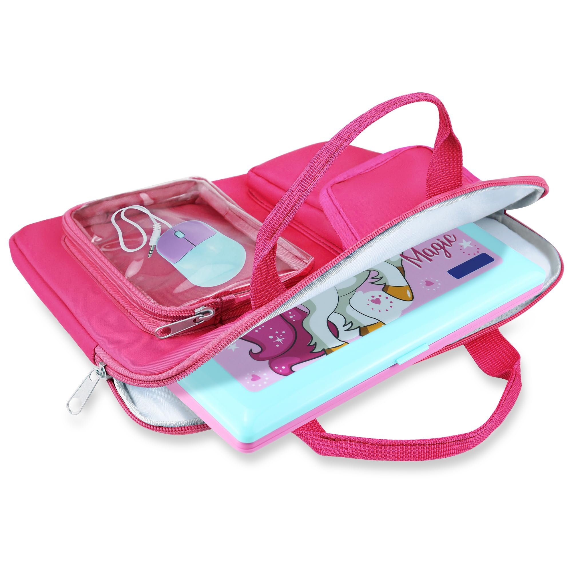 Annmore pink bag with side pocket, easy charger and accessory access.
