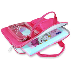 Annmore pink bag with side pocket, easy charger and accessory access.