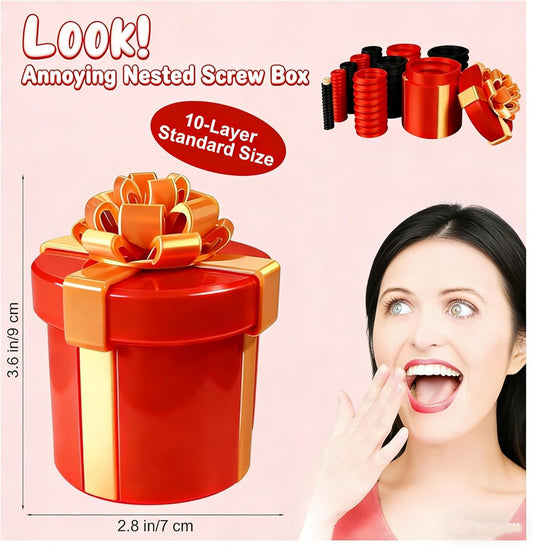 Annoying Nested Screw Gift Box red with gold bow adds dramatic reveal to any gift.