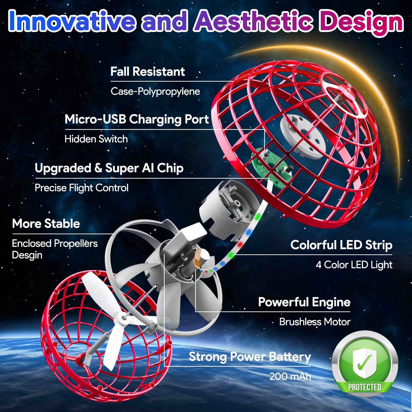 ANOEPUY Flying Orb Ball USB charging for quick power.