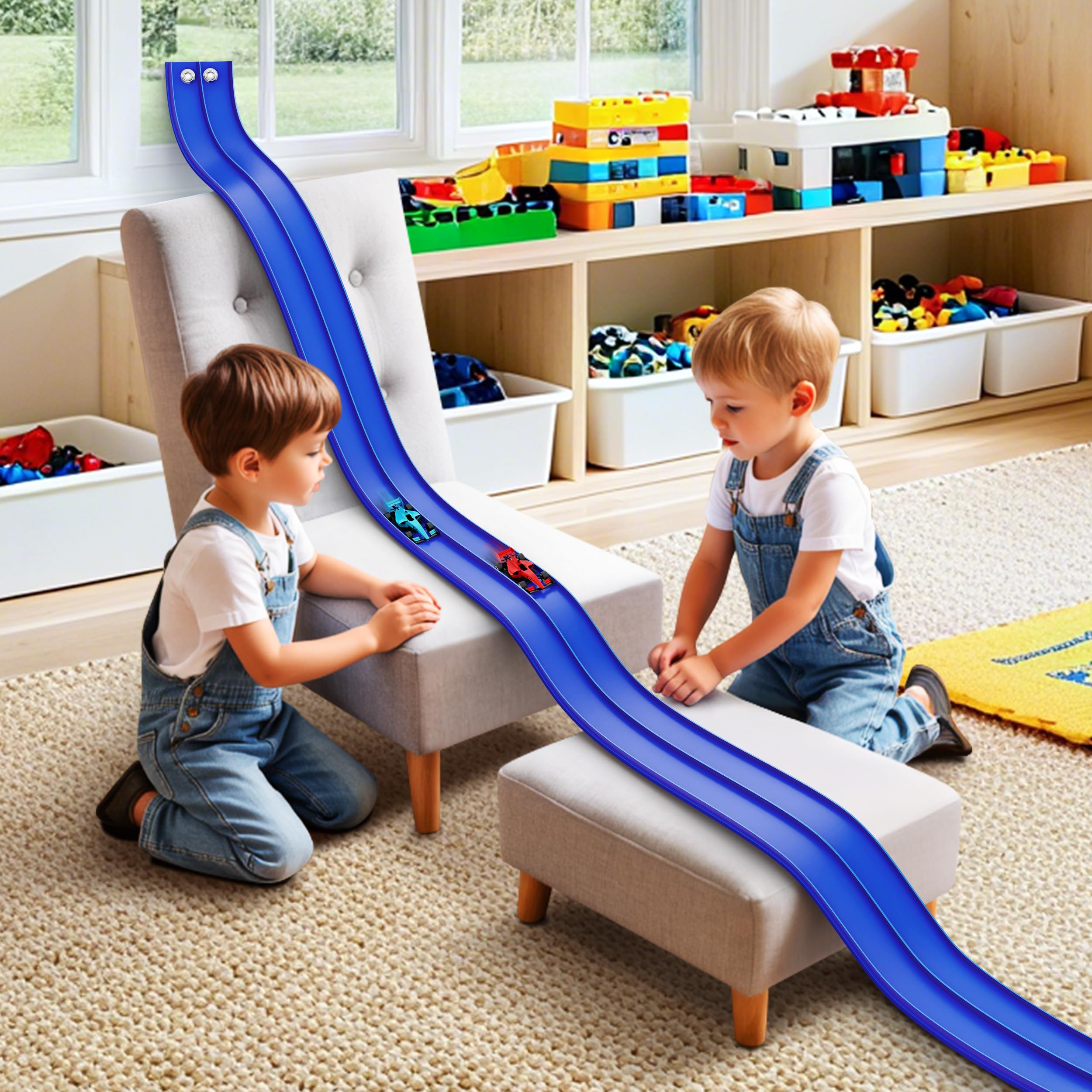 Anoozo 16 ft flexible ramp track side view showing layout options for versatile play
