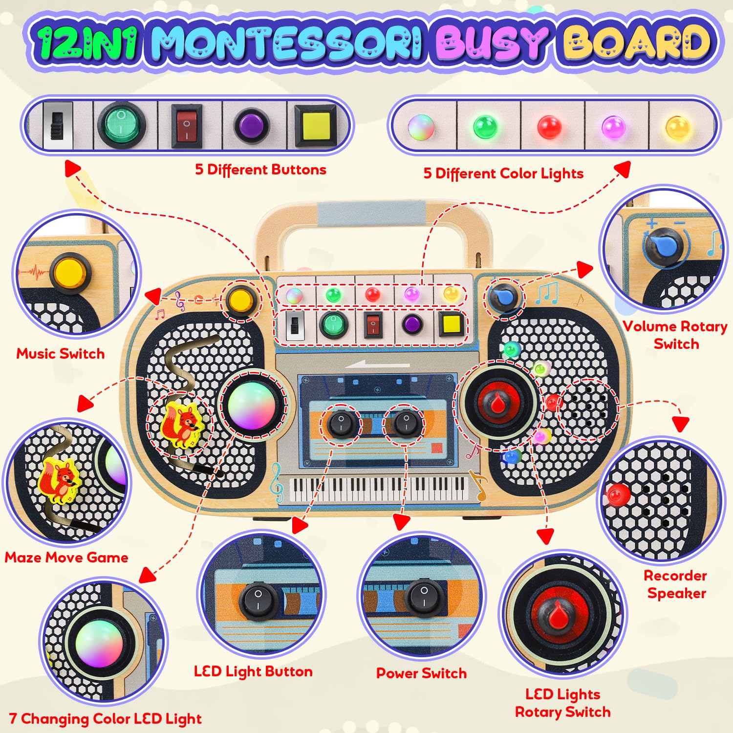 Ansee Busy Board with colorful LED lights to attract attention during play