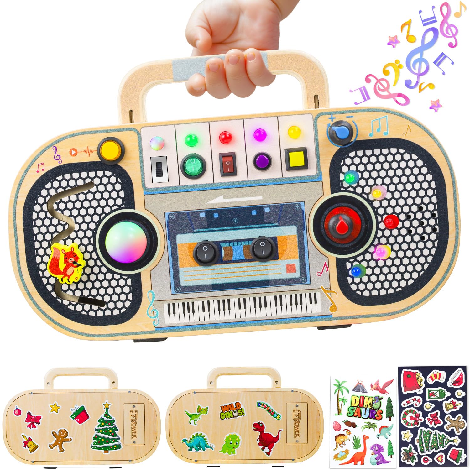 Ansee Busy Board with wooden tape-recorder design for fine motor play