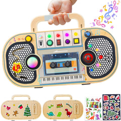 Ansee Busy Board with wooden tape-recorder design for fine motor play