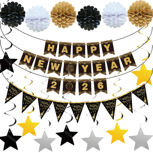 Ansoufien Happy New Year banner with bold black and gold typography for festive countdown.