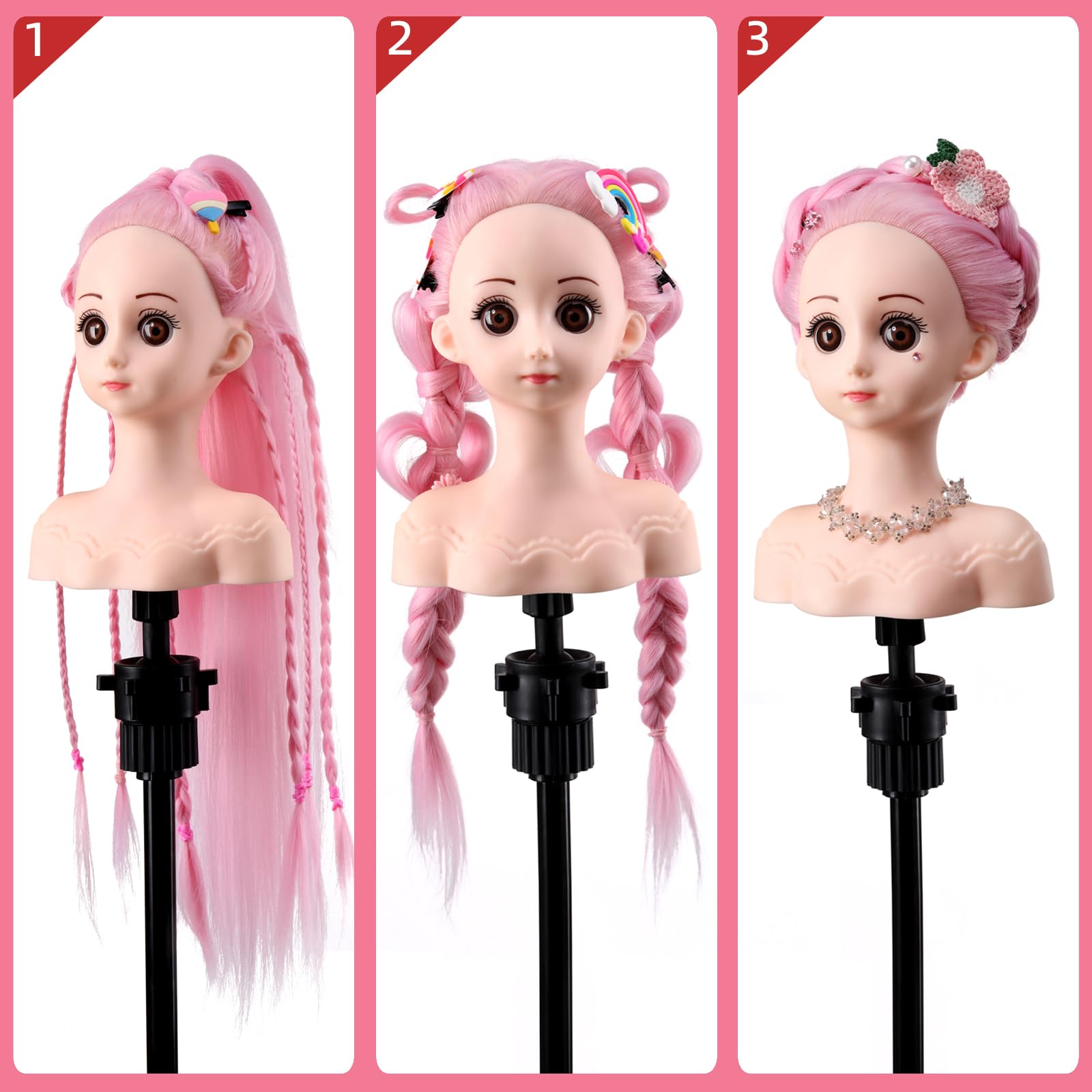 Anstar doll head demonstrating a creative styling session for kids