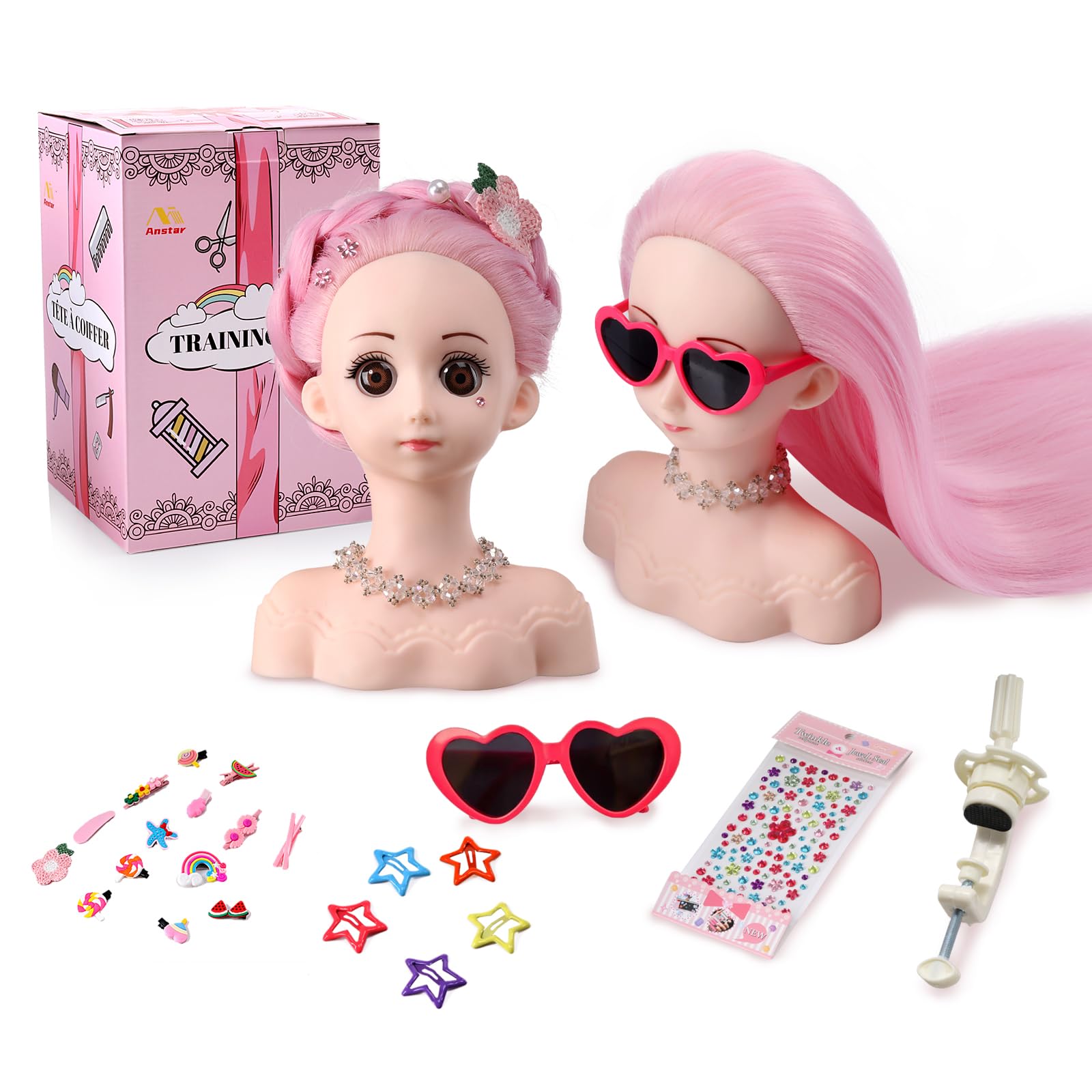 Anstar hair styling doll head with pink hair for creative braiding
