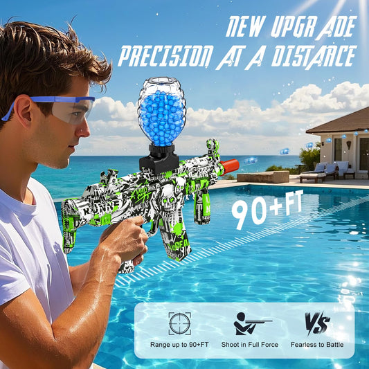 Anstoy Gel Ball Blaster 90ft-range action highlights long-distance outdoor accuracy.