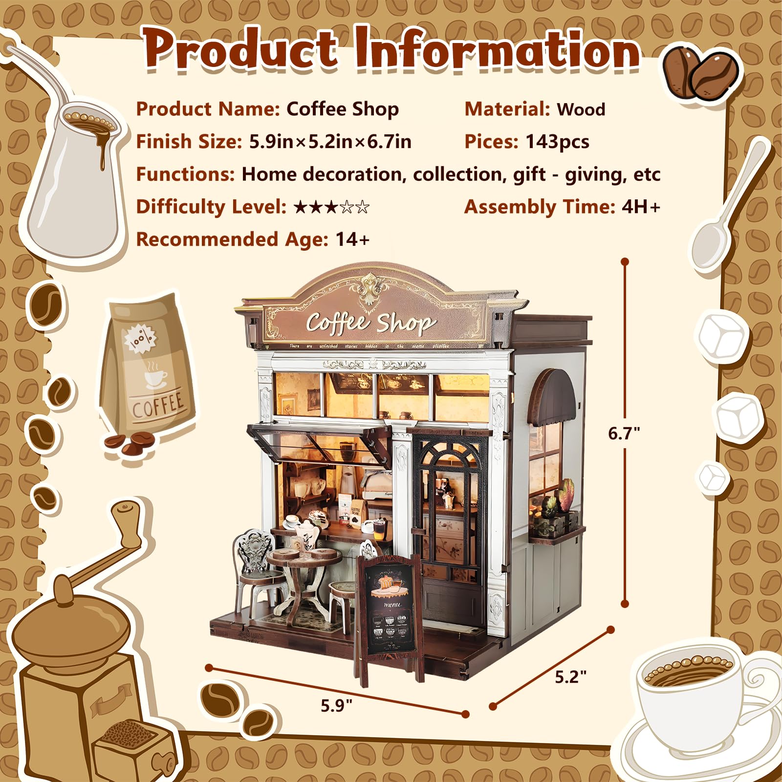 ANTREATU Coffee Shop Dollhouse LED light on, cozy night glow