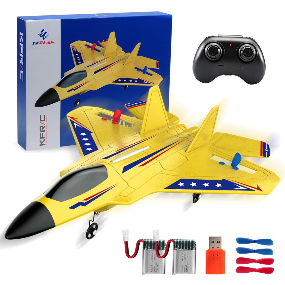 ANTSIR F22 RC plane front view in yellow for high outdoor visibility.