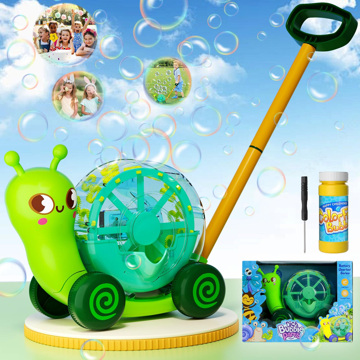 ANTSYLVE snail bubble mower front view showing playful design and motion