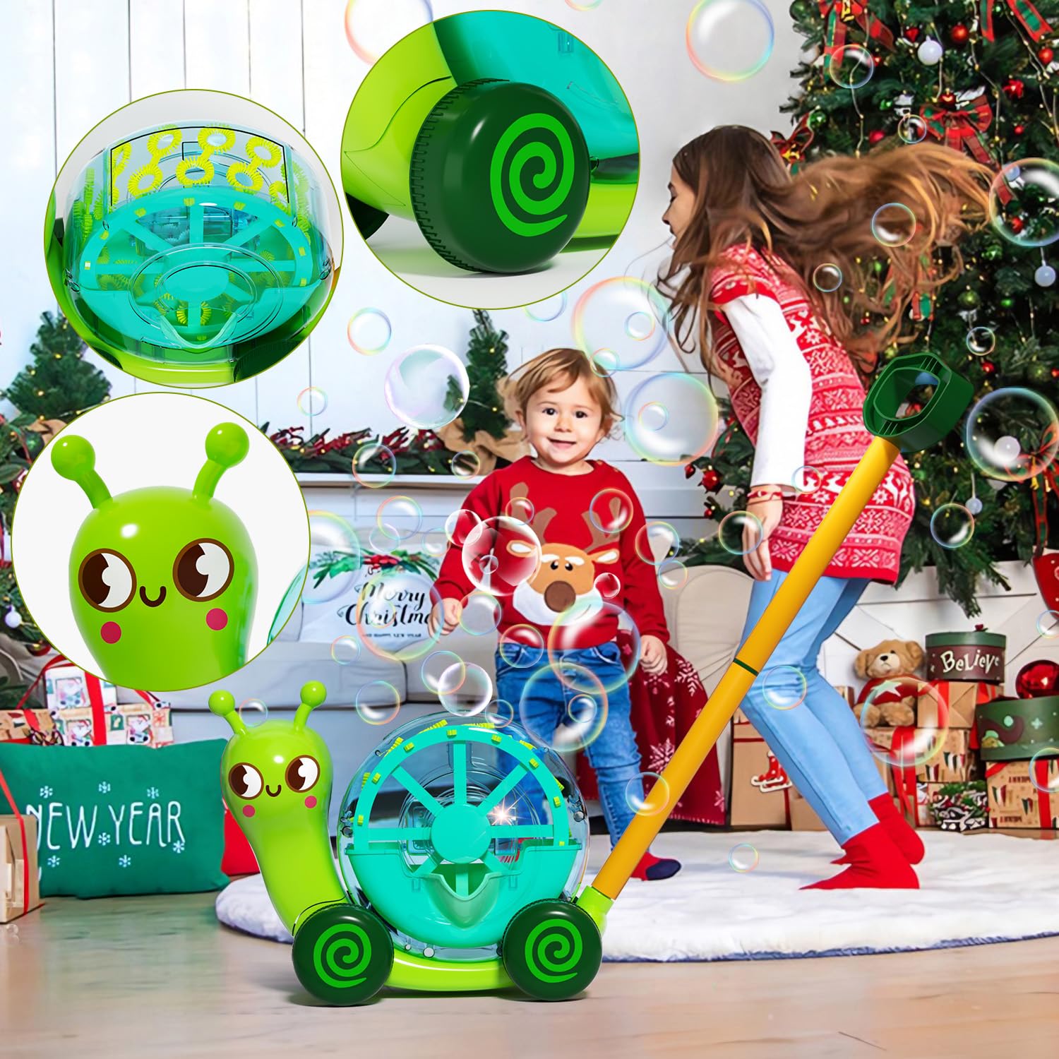 ANTSYLVE snail bubble mower LED light-up feature during day or night