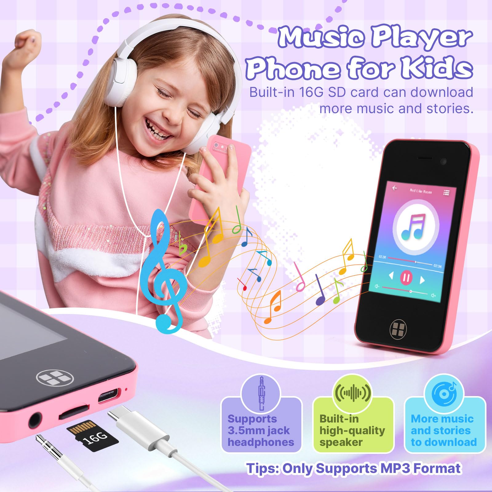 ANTUMKDS Kids Smart Phone MP3 player feature for listening to stories and music.