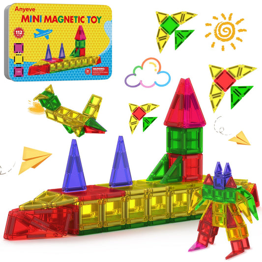 Anyeve 112-piece mini magnetic tiles with travel case for portable play